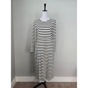 J.Crew Black & White Stripe Long Sleeve Midi Dress | Size 12 Cotton Preppy